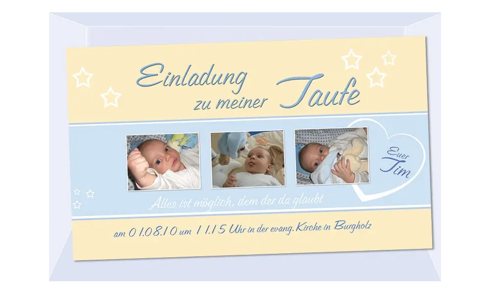 Einladung Taufe "Tim", Taufeinladung, Fotokarte 10x18 cm, beige hellblau