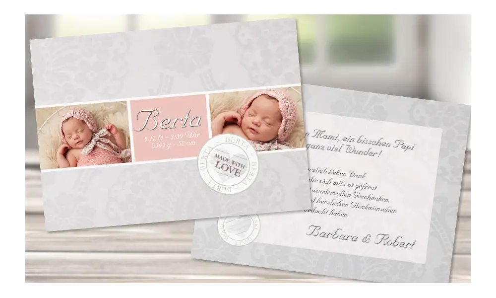 Danksagungskarte, Karte zur Geburt DIN A6 "made with love" Vintage Look