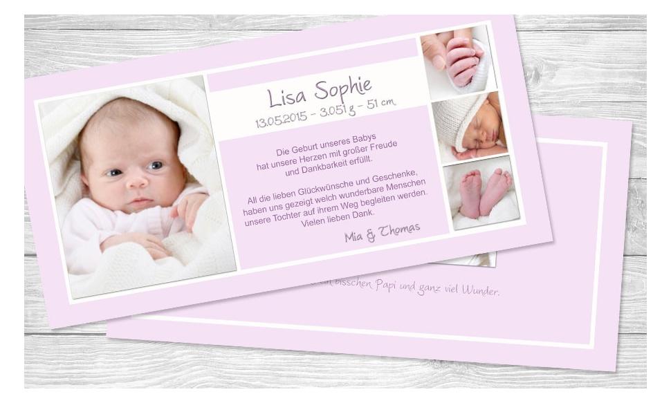 Danksagungskarte zur Geburt, "Lisa Sophie" in rosa