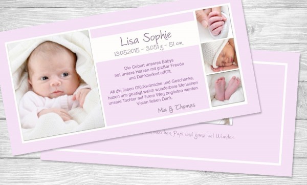 Danksagungskarte zur Geburt, "Lisa Sophie" in rosa