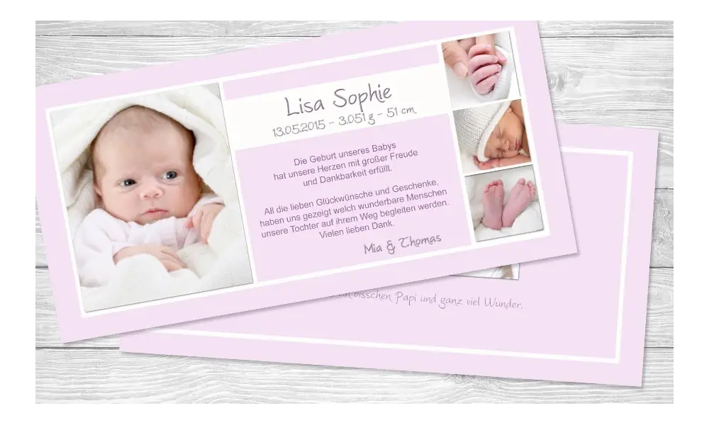 Danksagungskarte zur Geburt, "Lisa Sophie" in rosa