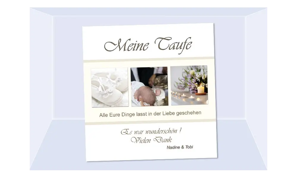 Danksagung Taufe "Nadine", Taufkarte, Fotokarte 10x10 cm, beige