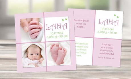 Babykarte, Danksagung Geburt "Lana", rosa