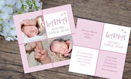 Babykarte, Danksagung Geburt "Lana", rosa