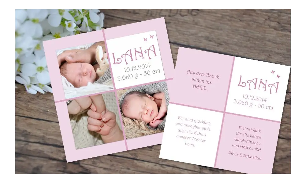 Babykarte, Danksagung Geburt "Lana", rosa
