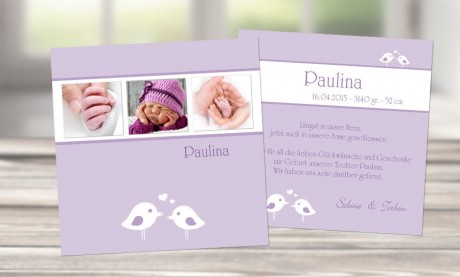 Babykarte, Danksagung Geburt "Mia-Sophie", rosa Vögelchen
