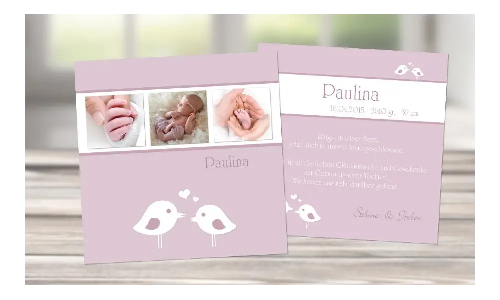 Babykarte, Danksagung Geburt "Mia-Sophie", rosa Vögelchen