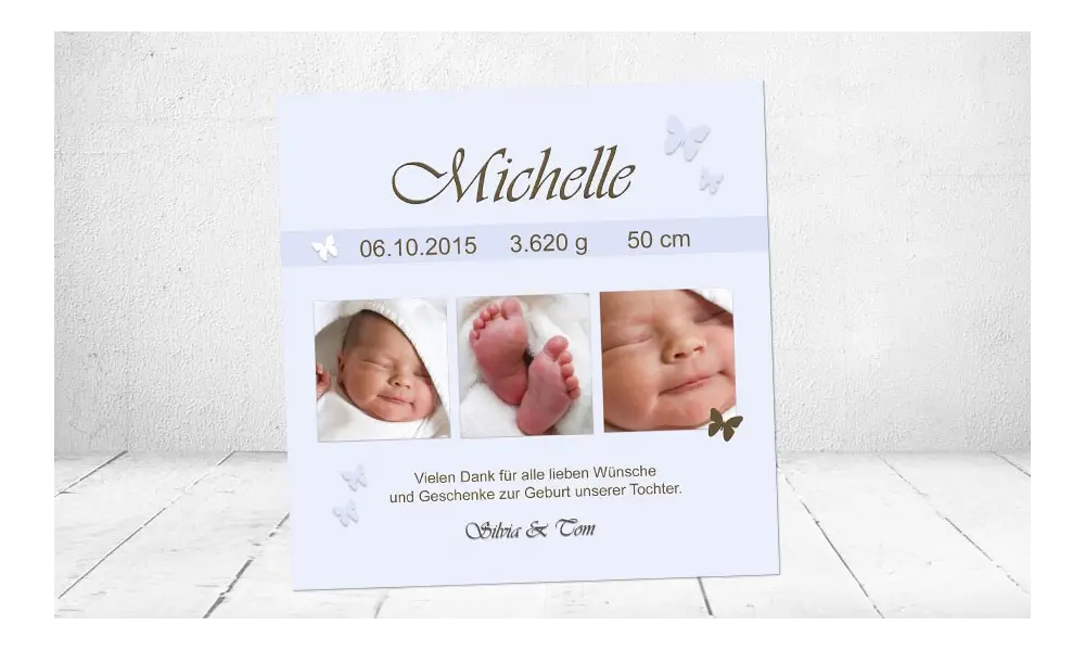 Danksagung Geburt "Michelle", Geburtskarte, 10x10 cm, creme