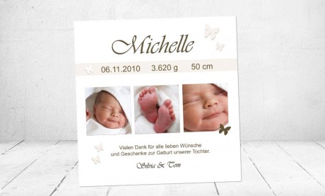 Danksagung Geburt "Michelle", Geburtskarte, 10x10 cm, creme