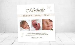 Danksagung Geburt "Michelle", Geburtskarte, 10x10 cm, creme