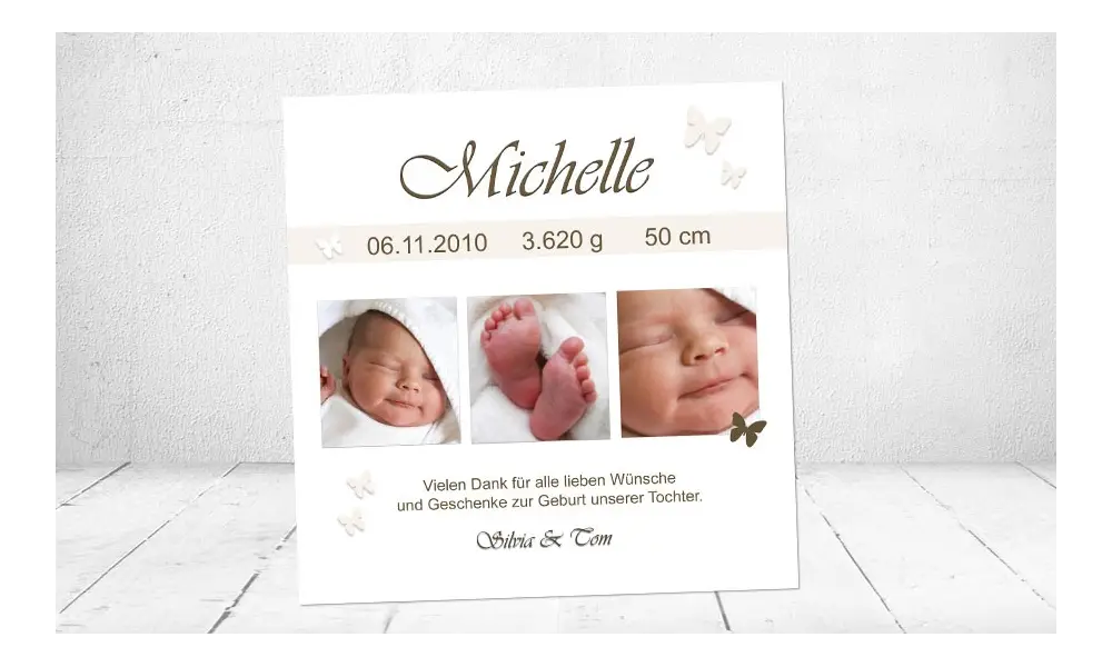 Danksagung Geburt "Michelle", Geburtskarte, 10x10 cm, creme