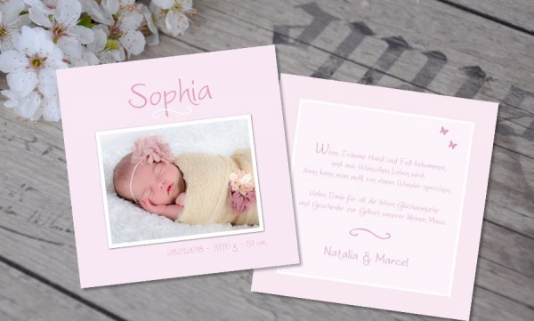 Babykarte, Danksagung Geburt "Valentina", zweiseitig Quadrat