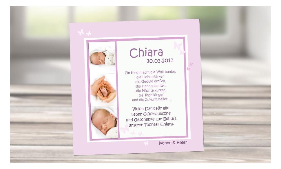 Danksagung Geburt "Chiara", Geburtskarte, 10x10 cm, rosa