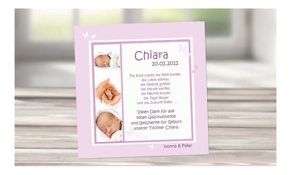 Danksagung Geburt "Chiara", Geburtskarte, 10x10 cm, rosa