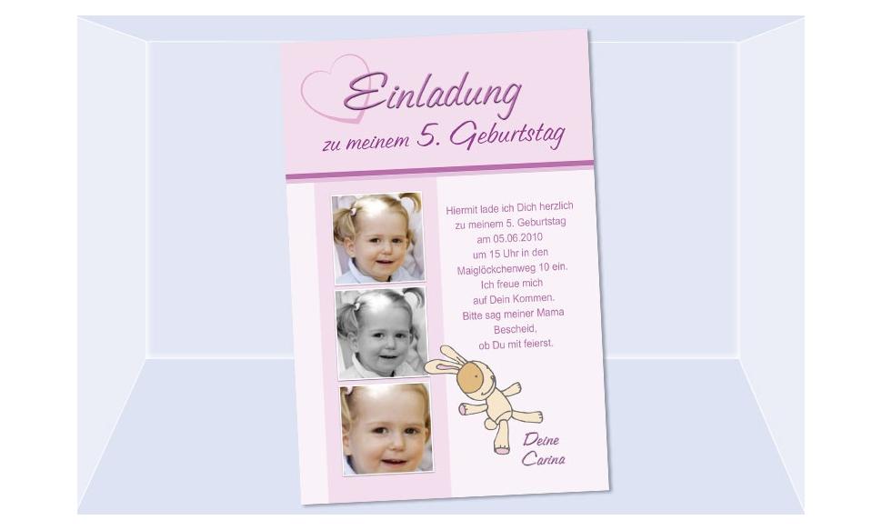 Einladung Kindergeburtstag "Hase", Fotokarte 10x15 cm, rosa