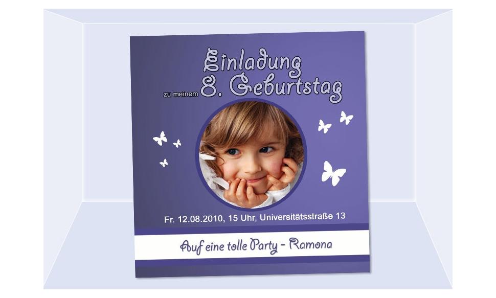 Einladung Kindergeburtstag "Schmetterling", Fotokarte 10x10 cm, lila
