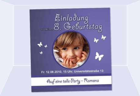 Einladung Kindergeburtstag "Schmetterling", Fotokarte 10x10 cm, lila