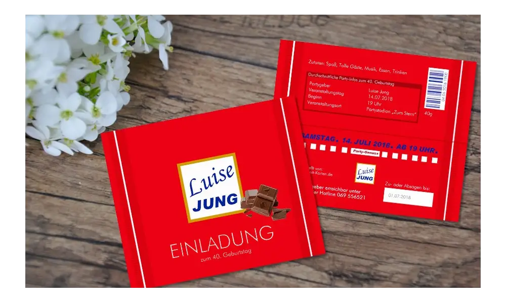 Einladung 40. Geburtstag "Schokoriegel" witzig