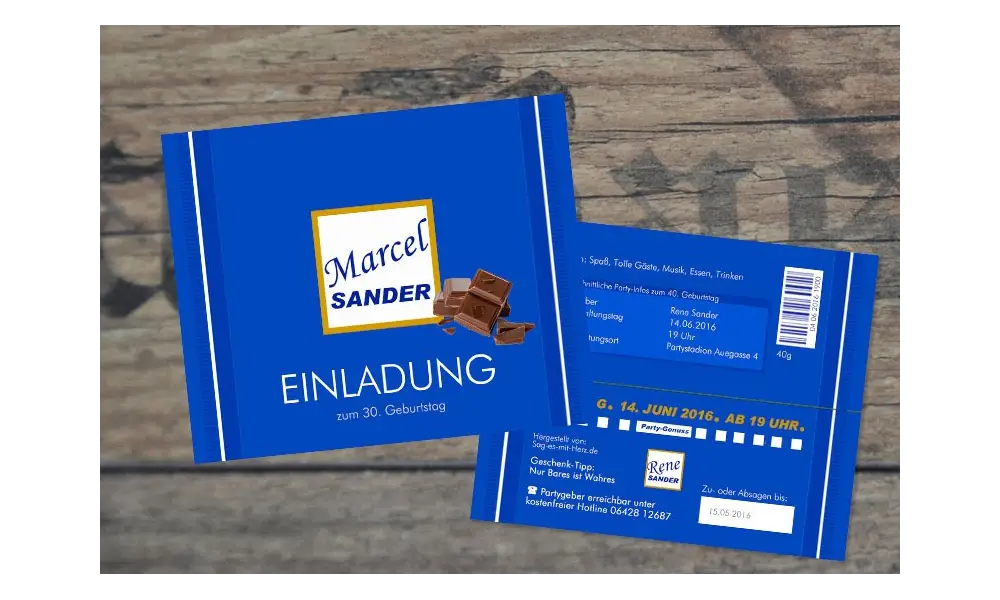 Einladung 40. Geburtstag "Schokoriegel" witzig