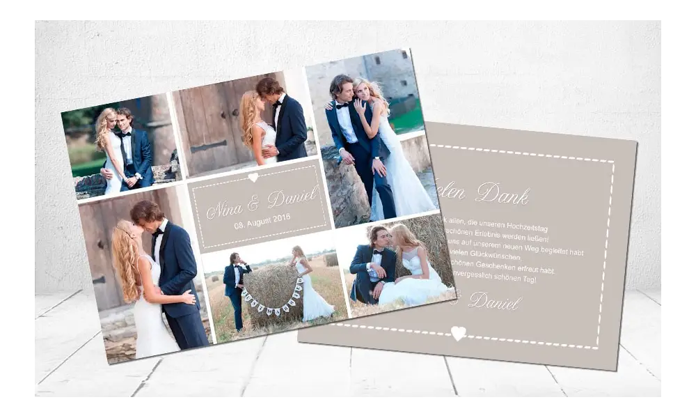 Danksagungskarte Hochzeit, "Herz" taupe