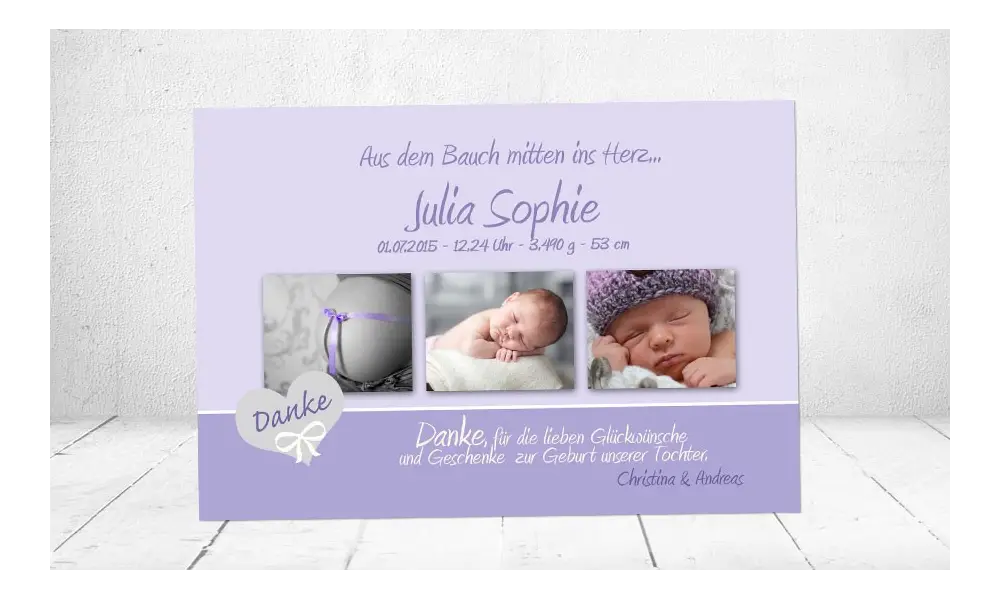 Danksagung Geburt Baby flieder lila