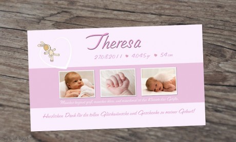 Danksagung Geburt "Annabell", Geburtskarte, 10x18 cm, rosa