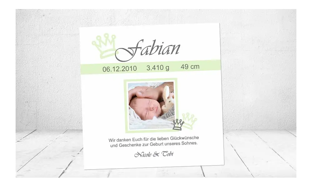 Dankeskarte Geburt Baby weiß grün