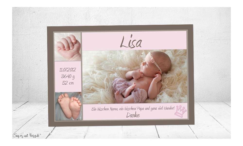 Danksagung Geburt Baby braun-rosa Vintage Mädchen