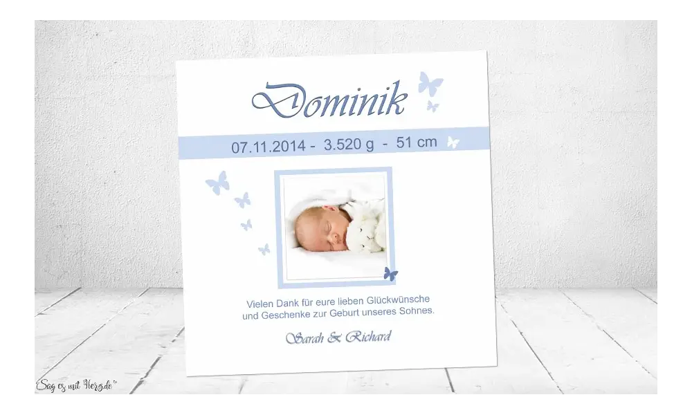 Danksagung Geburt Baby hellblau-weiß Junge