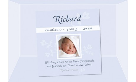 Danksagung Geburt "Richhard", Geburtskarte, 10x10 cm, hellblau