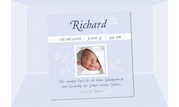 Danksagung Geburt "Richhard", Geburtskarte, 10x10 cm, hellblau