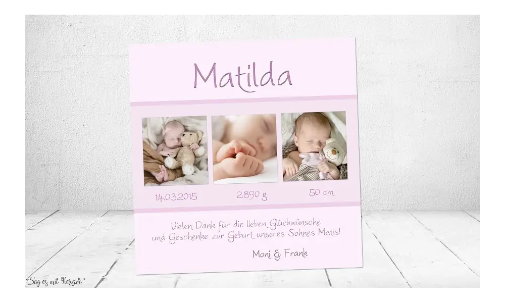 Dankeskarte Geburt Baby rosa Mädchen
