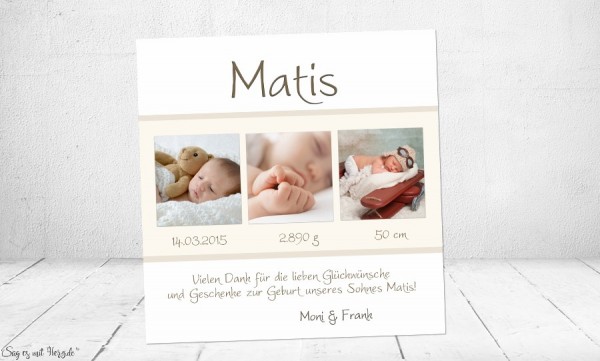 Dankeskarte Geburt Baby weiß creme Junge Mädchen