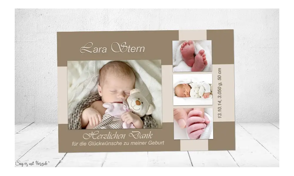 Danksagung Geburt "Lara", Geburtskarte, braun creme