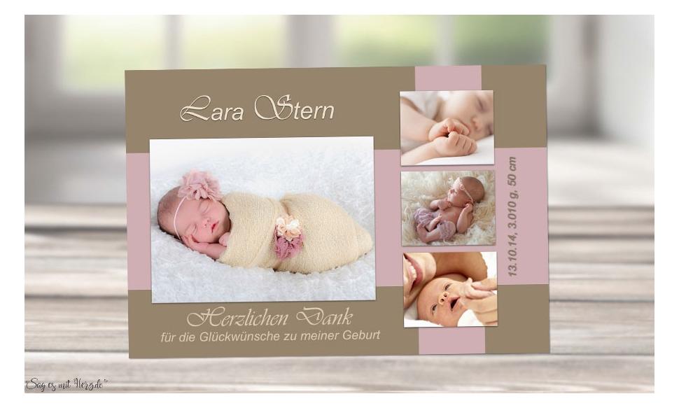 Danksagung Geburt "Lara", Geburtskarte, braun rosa, Mädchen