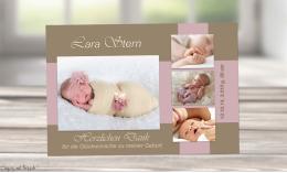 Danksagung Geburt "Lara", Geburtskarte, braun rosa, Mädchen