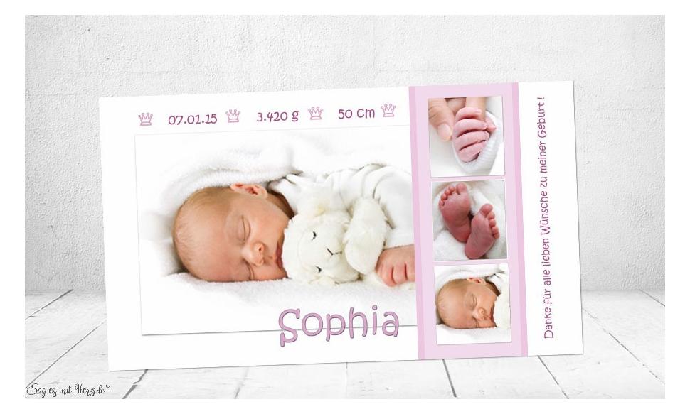 Dankeskarte Geburt Baby weiß-rosa, Mädchen, Danksagung