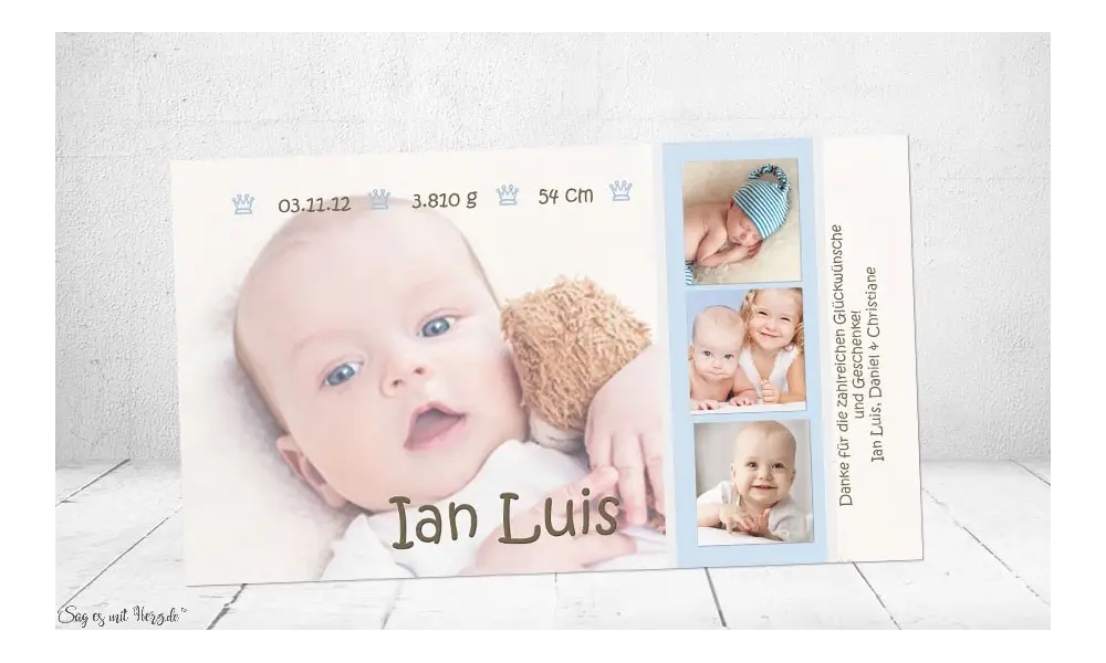 Dankeskarte Geburt Baby weiß-hellblau, Junge, Danksagung