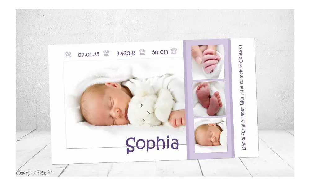 Dankeskarte Geburt Baby weiß-lila, Mädchen, Danksagung