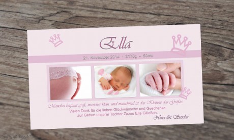 Danksagungskarte Geburt "Zoe", Krone, Geburtskarte, rosa, Mädchen