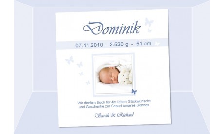 Danksagung Geburt "Dominik", Geburtskarte, 10x10 cm, hellblau