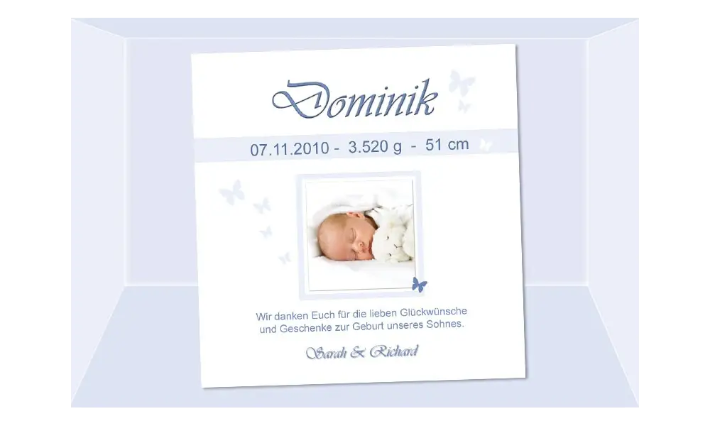 Danksagung Geburt "Dominik", Geburtskarte, 10x10 cm, hellblau