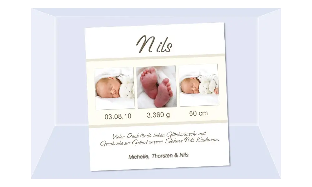 Danksagung Geburt "Nils", Geburtskarte, 10x10 cm, creme
