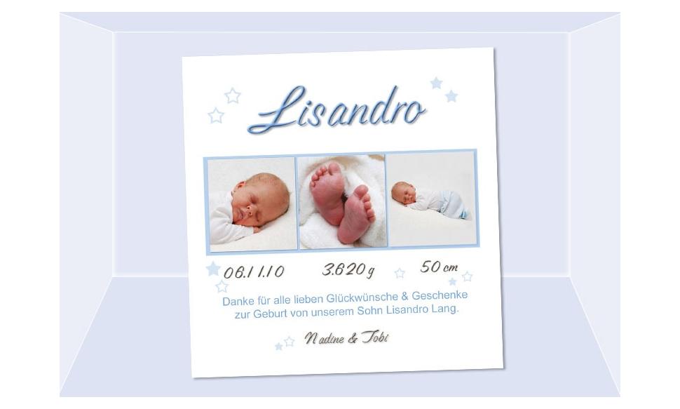 Danksagung Geburt "Lisandro", Geburtskarte, 10x10 cm, hellblau