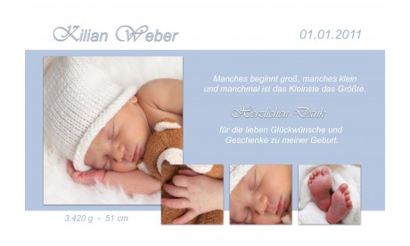 Danksagung Geburt "Kilian", Geburtskarte, 10x15 cm, hellblau