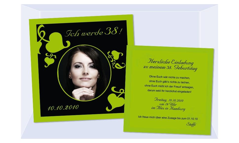 Einladung 38. Geburtstag, Flachkarte 12,5x12,5 cm, schwarz grün