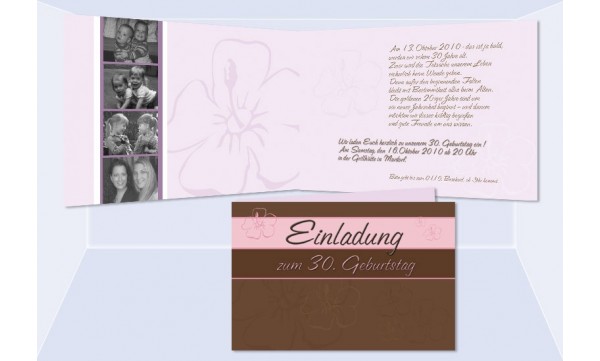 Einladung 30. Geburtstag, Klappkarte 10x15 cm, braun rosa