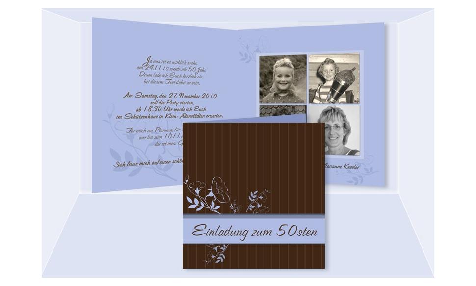 Einladung 50. Geburtstag, Klappkarte 12,5x12,5 cm, braun hellblau