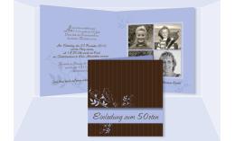 Einladung 50. Geburtstag, Klappkarte 12,5x12,5 cm, braun hellblau