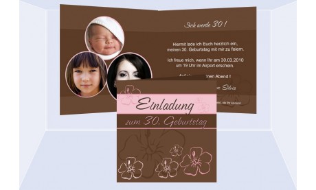 Einladung 40. Geburtstag, Klappkarte 12,5x12,5 cm, braun rosa